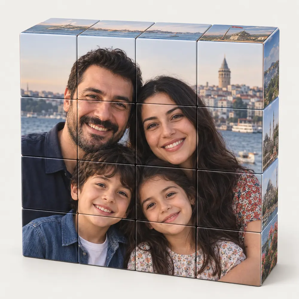 Normal mod: 4×4 küpün ön yüzüne yayılan tek bir aile fotoğrafı